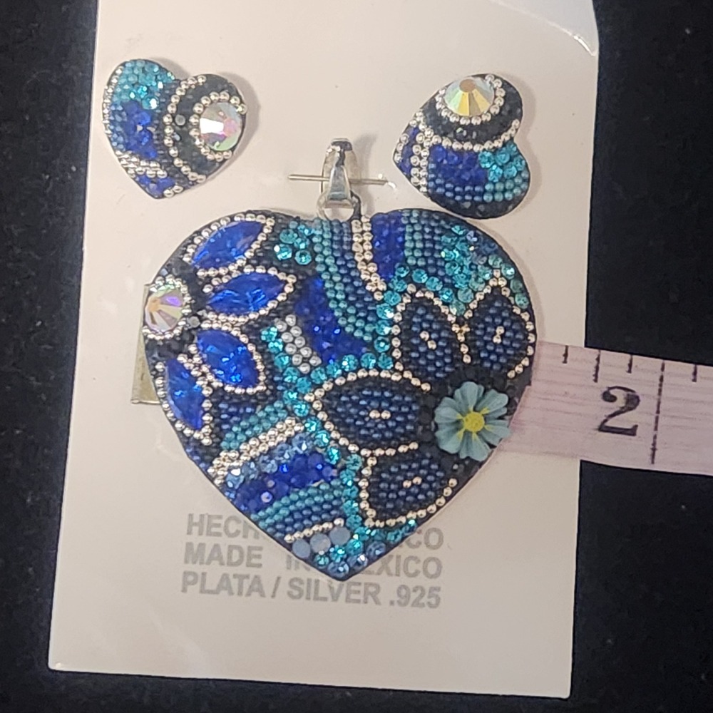 Silver plated Heart Pendant Necklace Earrings Set Blue Crystal Rhinestone - Picture 5 of 10